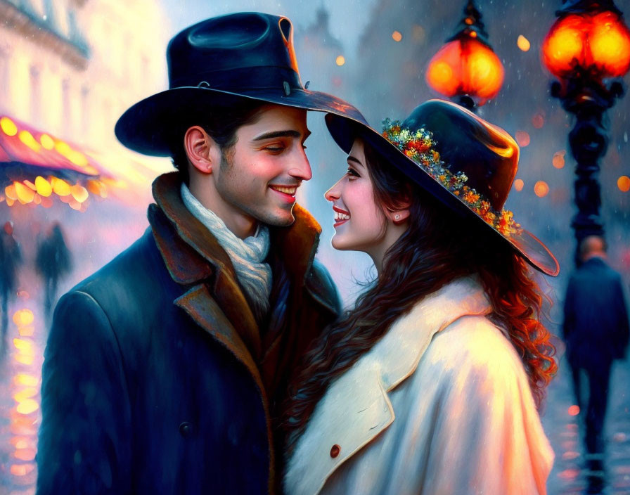 Smiling couple in vintage clothing with city backdrop