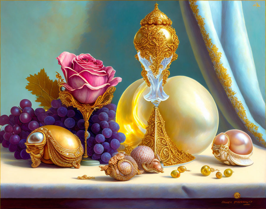 Pink rose, grapes, pearls, shells in still life painting