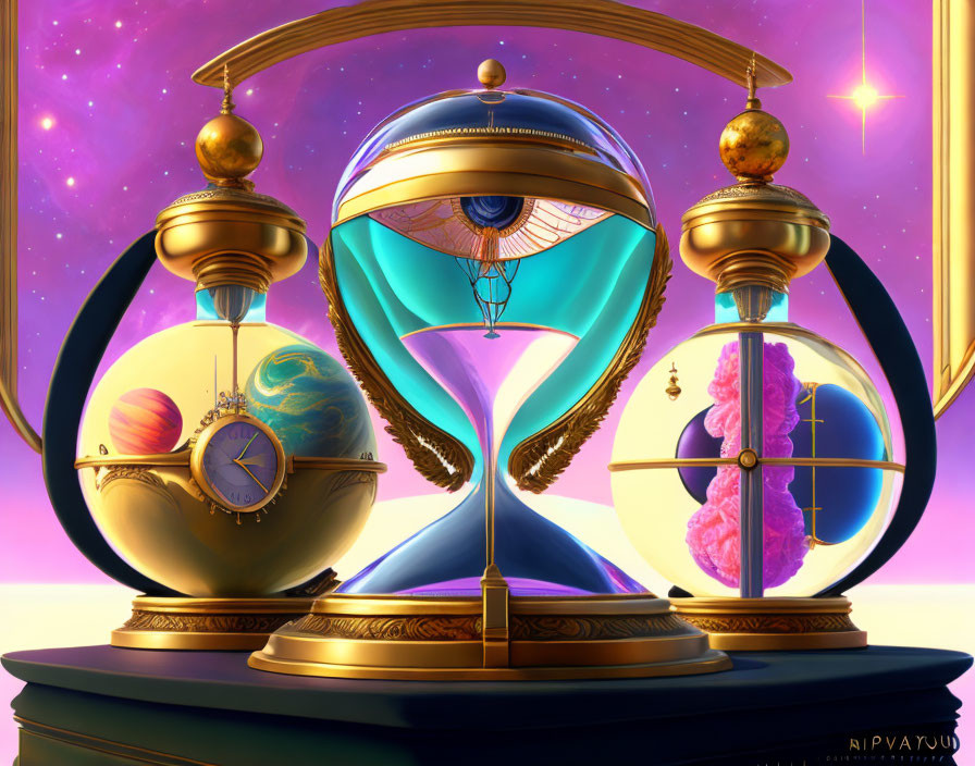 Celestial-themed futuristic hourglass with globes, brain, and heart in cosmic setting