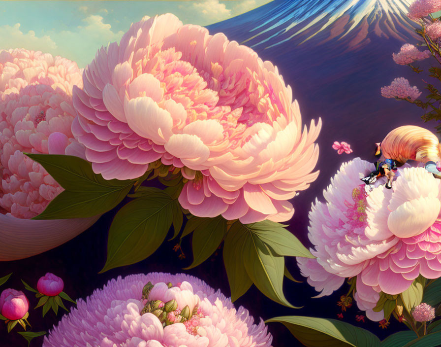 Whimsical artwork: Oversized pink peonies, small figure, serene mountain