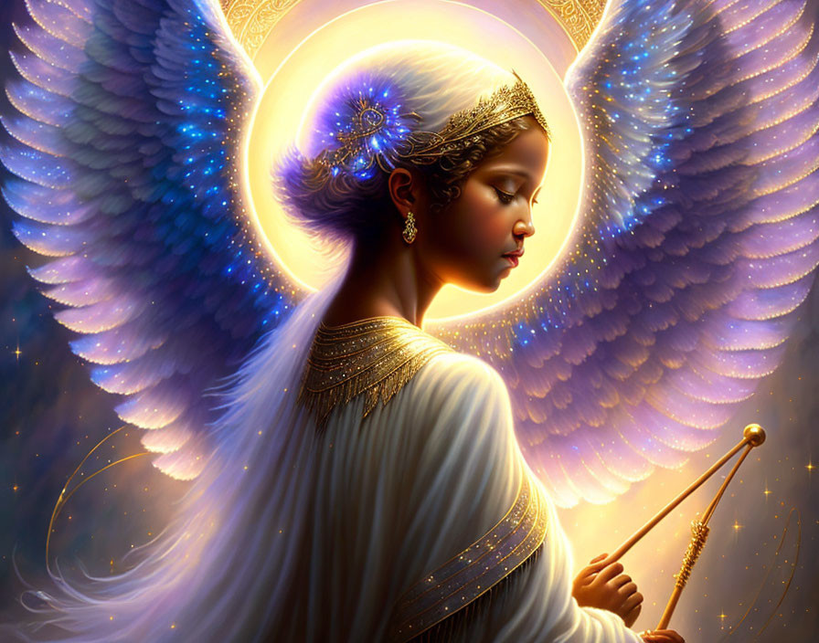 Profile view of angelic figure with radiant wings and golden halo against warm background