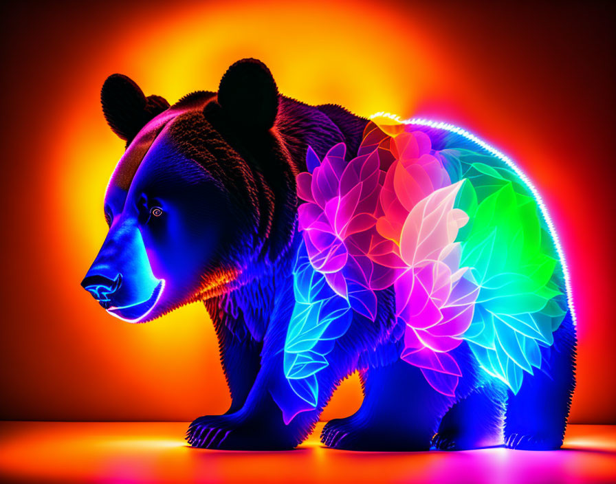 Colorful Bear Artwork with Neon Gradients and Floral Patterns