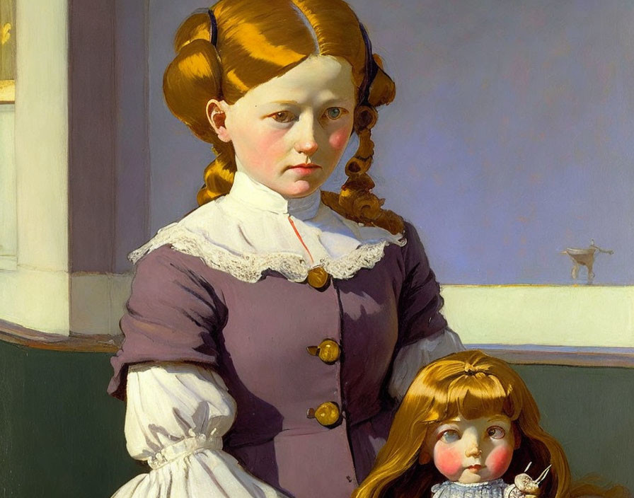 Young girl in white and lilac dress with doll on table.