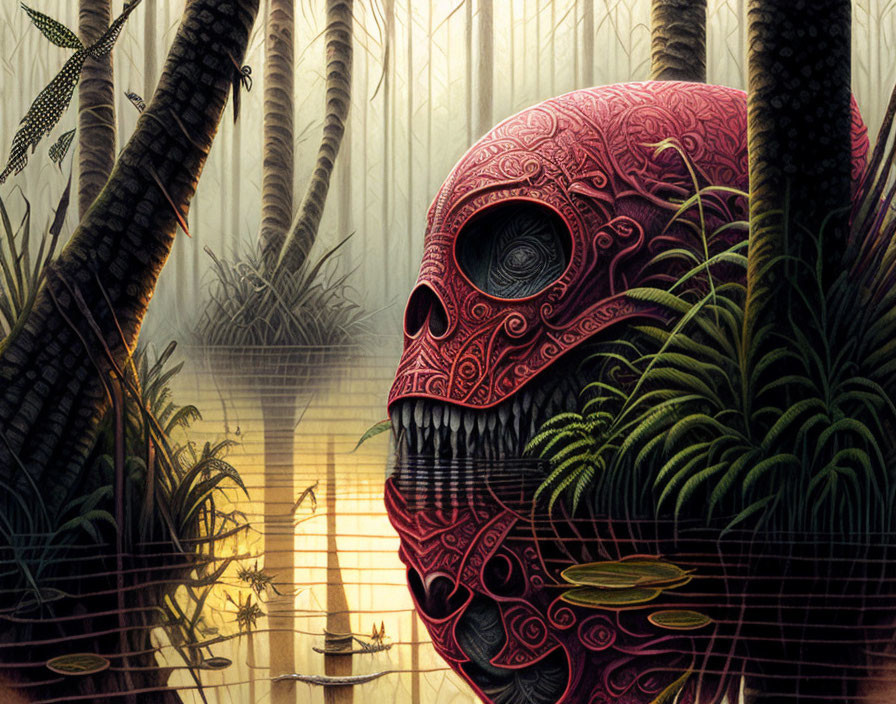 Intricate red skull in misty jungle setting