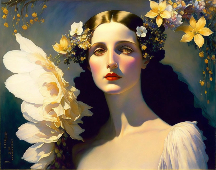 Woman with Floral Headpiece and White Flower: Pale Skin, Red Lips