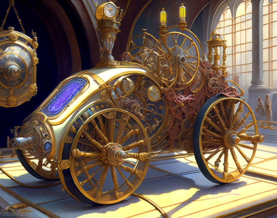 Steampunk-inspired ornate carriage with golden embellishments in grand hallway