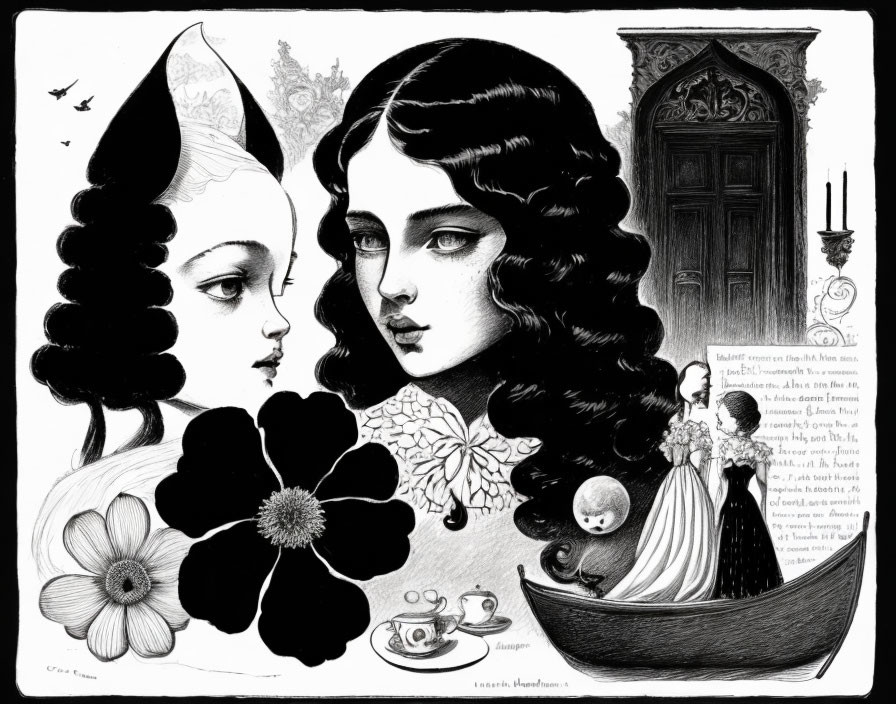 Monochrome artwork featuring stylized female faces with headdress and various elements.