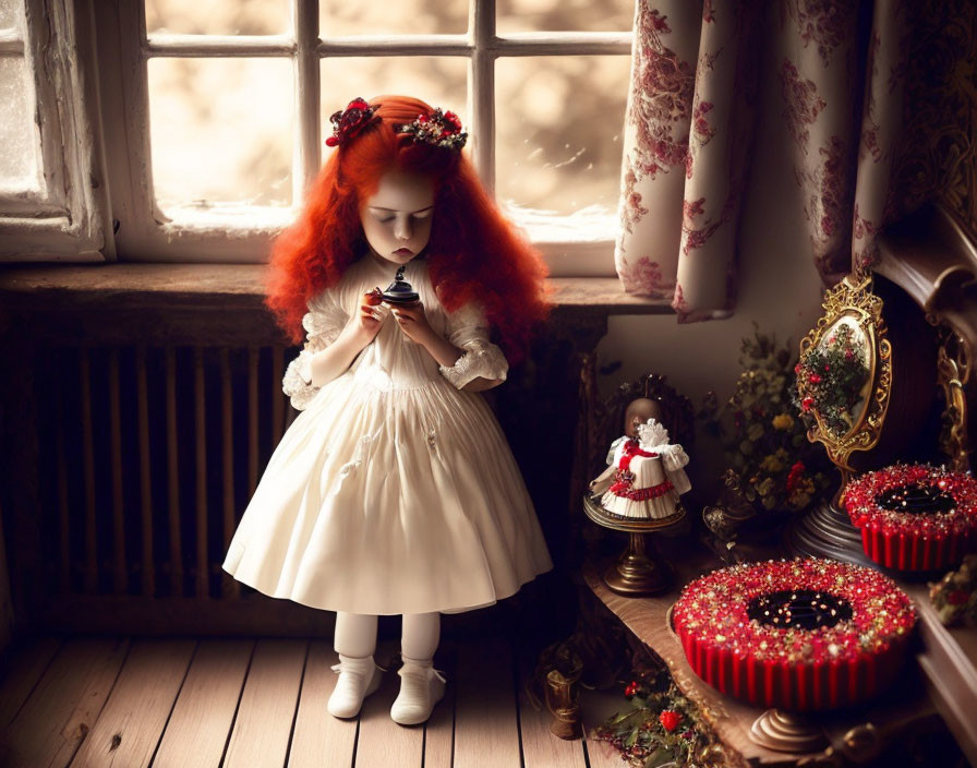 Red-haired girl in white dress by window with vintage decor.