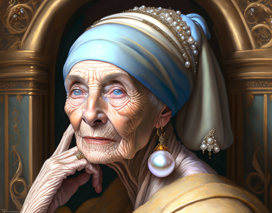 Elderly woman with blue eyes and pearl earring in elegant headscarf