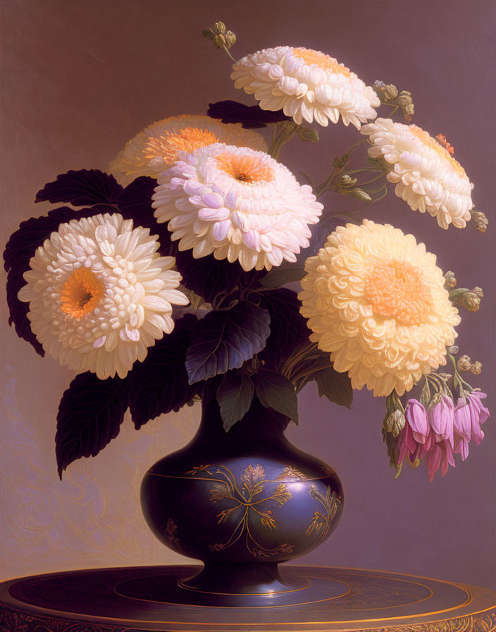 Lush white and yellow chrysanthemums in ornate black vase on purple background