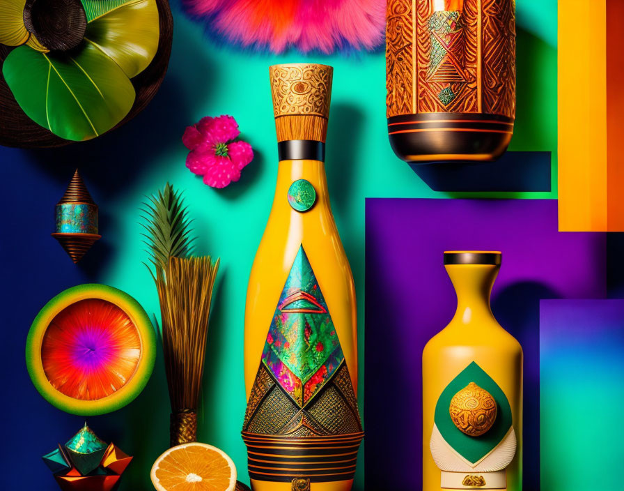 Colorful Still Life with Ornate Bottles, Citrus Slices, Geometric Backgrounds,