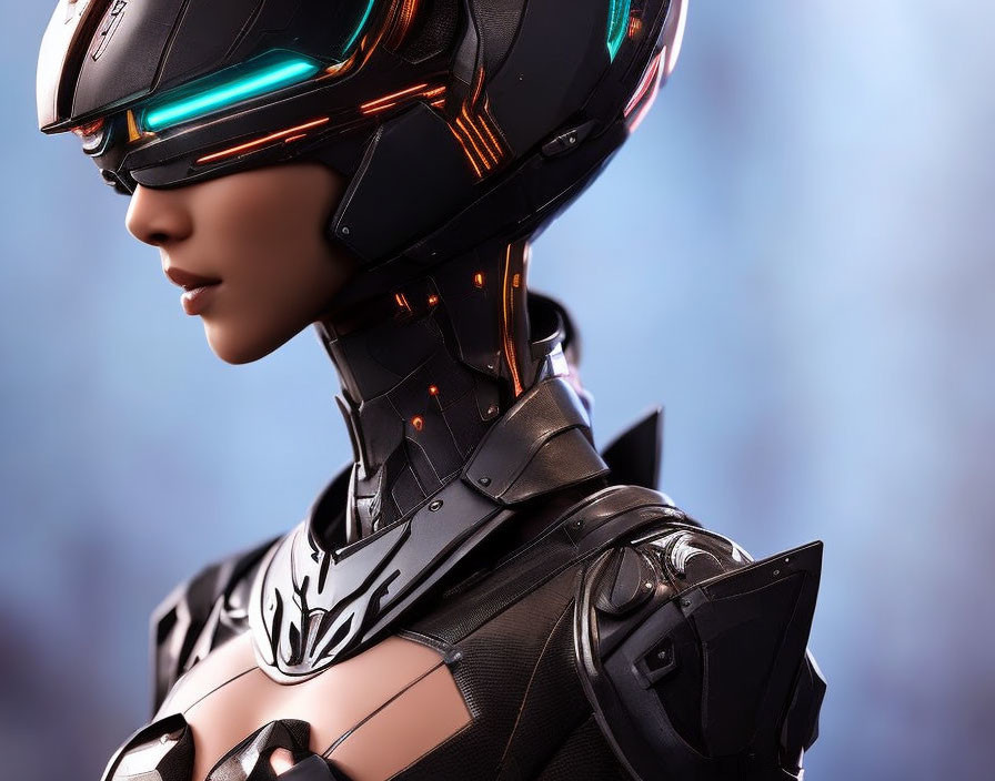 Detailed humanoid robot with sleek armor and glowing helmet in close-up view