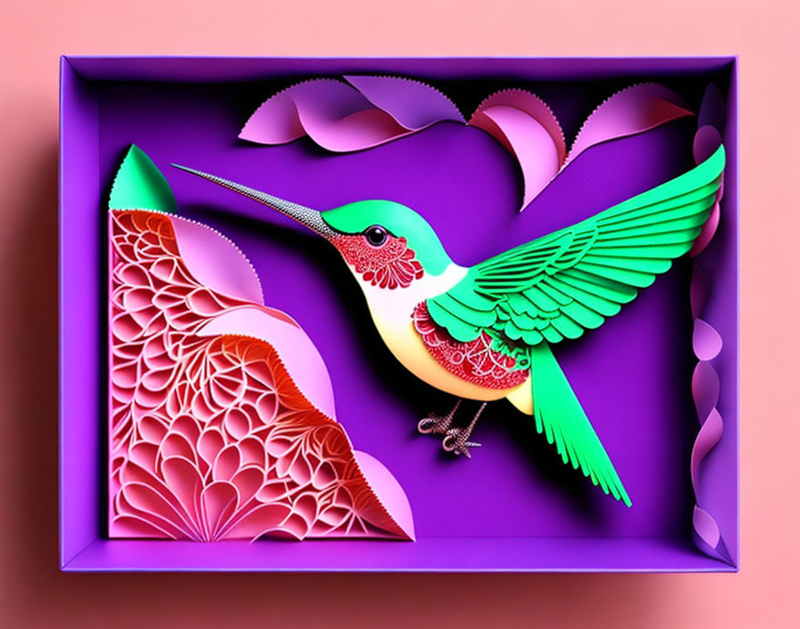 Vibrant hummingbird art on pink background in purple frame