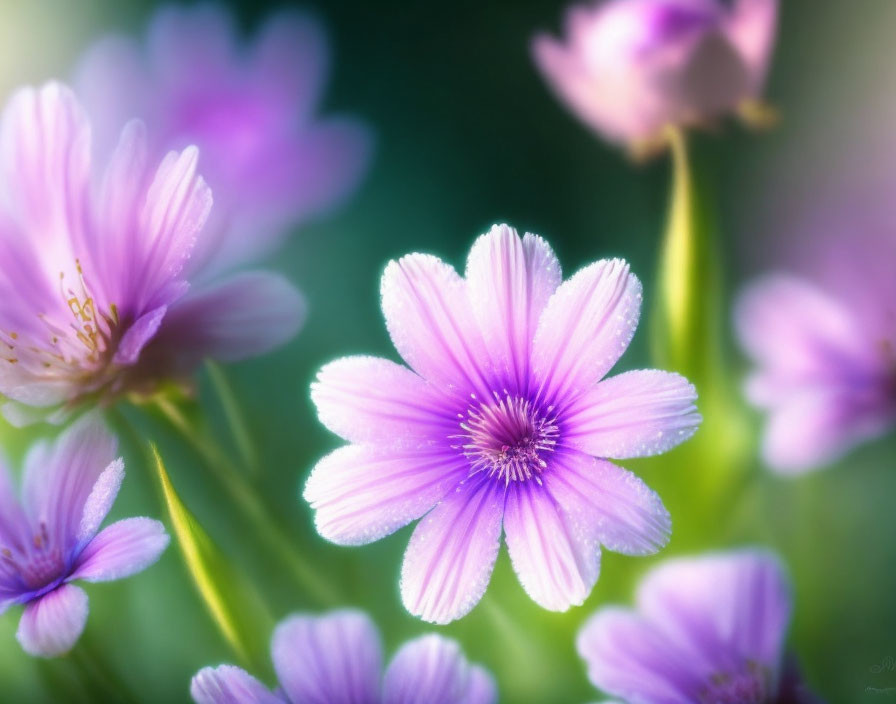 Vibrant purple flowers with delicate petals and yellow centers in soft-focus green foliage