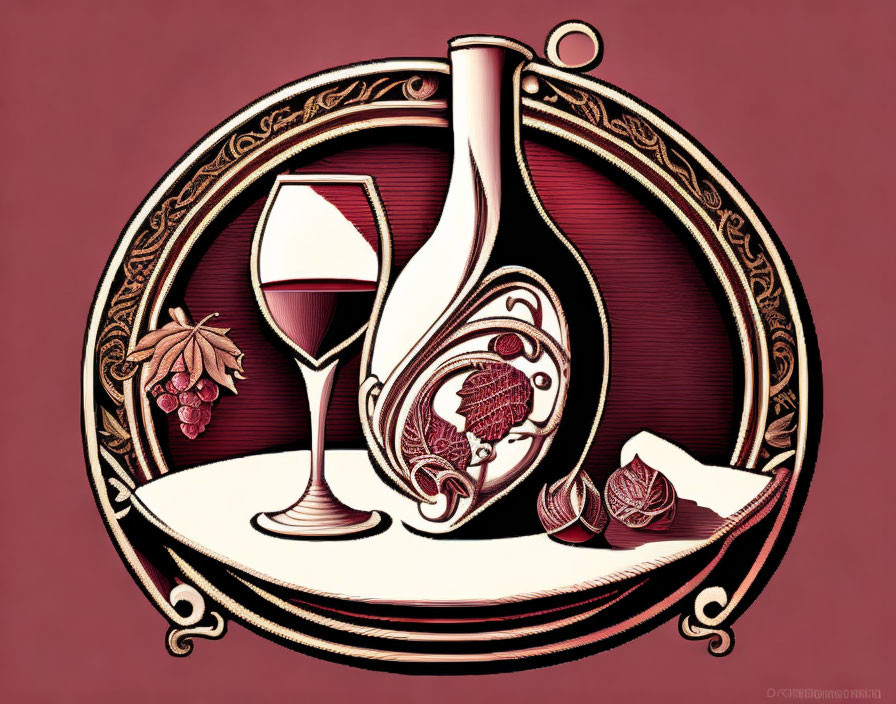 Detailed Wine Still Life Illustration with Bottle, Glass, Grapes, and Cheese