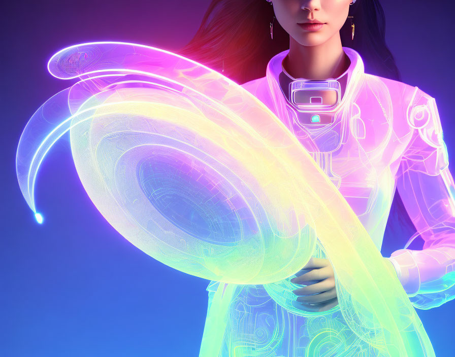 Futuristic woman with neon holographic interfaces and wearable tech on blue background