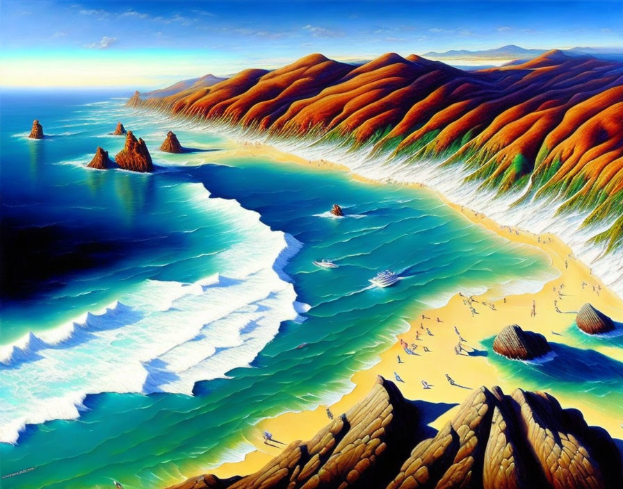 Vibrant surreal coastal painting with orange hills and turquoise waves