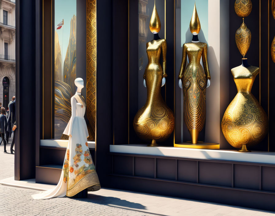 Luxury shop window with gold mannequins and woman in white dress