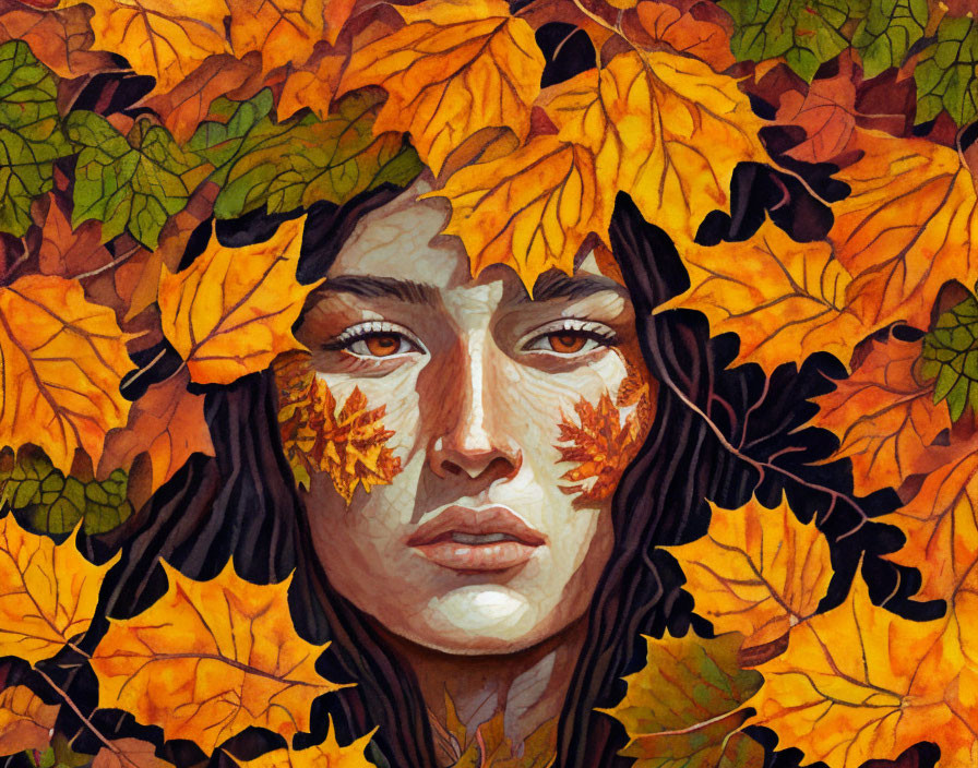 Autumn-themed face illustration with leaf patterns on cheeks