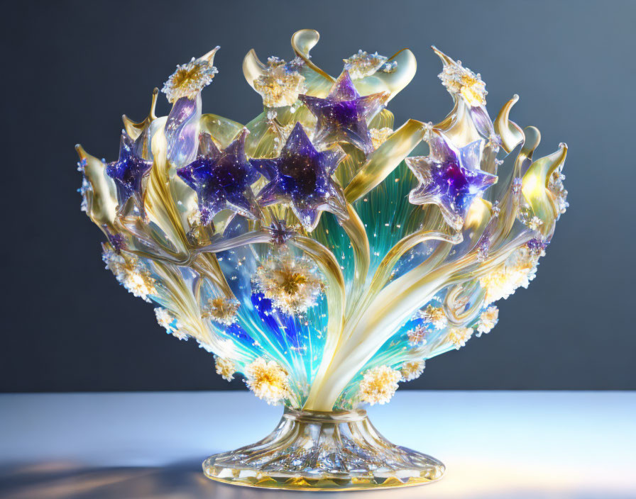 Glass Vase with Gold Accents & Gradient Blue Blossoms