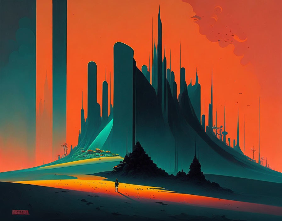 Futuristic cityscape illustration with warm tones and lone figure