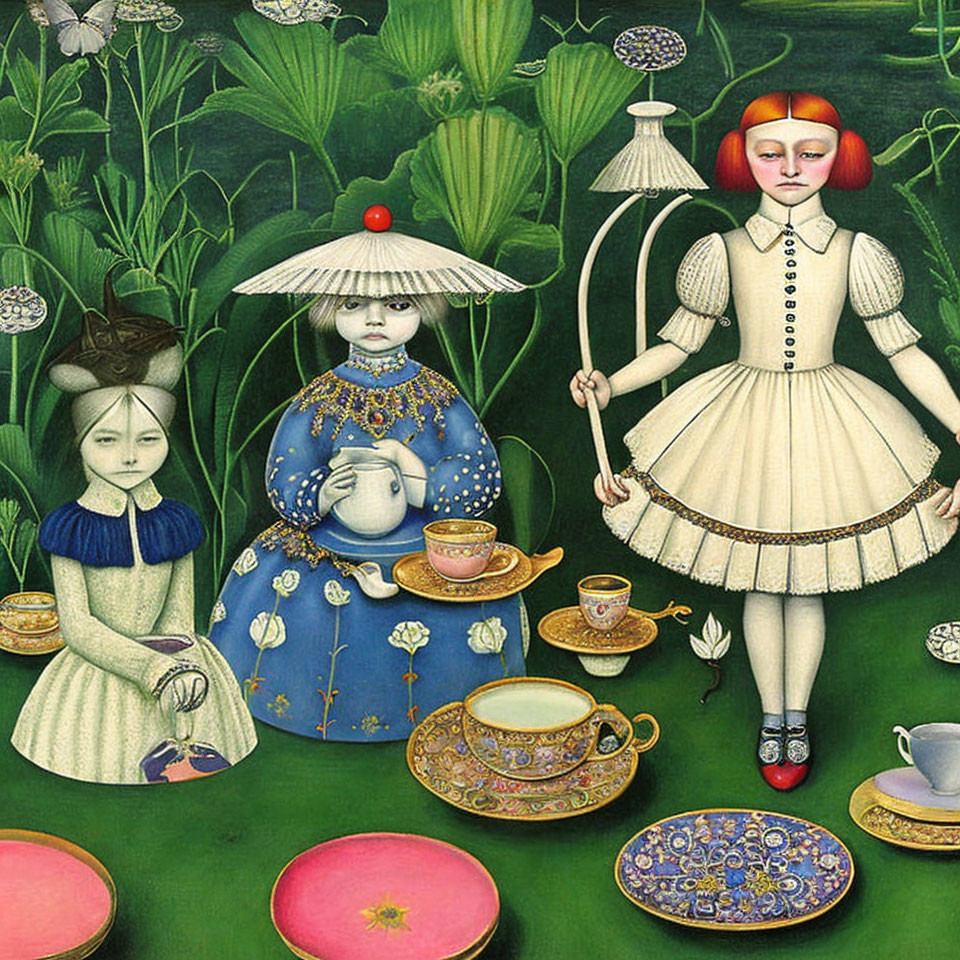 Surreal Art: Three Girls in Teacups with Floral Background