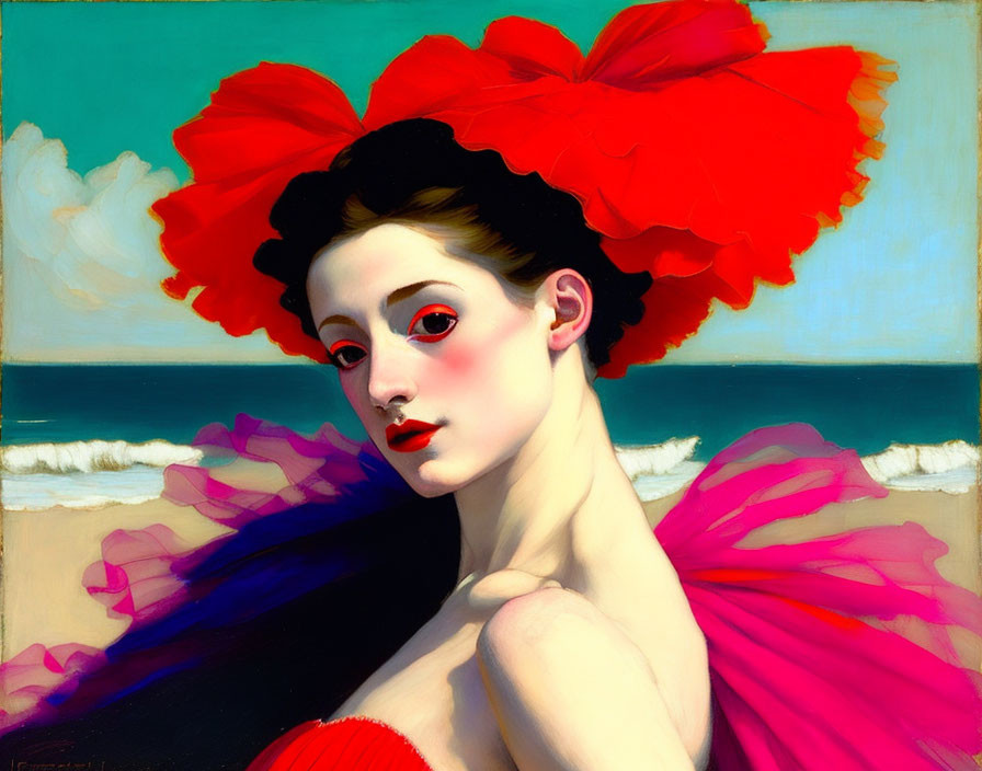 Portrait of woman with red bow, pink ruffle, against blue sea and sky