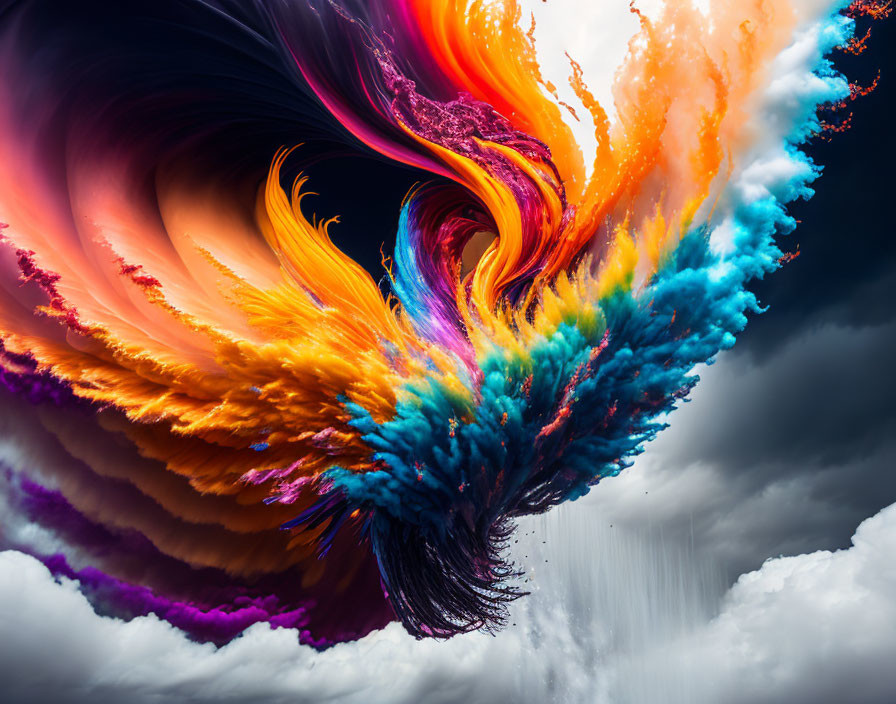 Swirling colorful clouds resembling fiery phoenix in dramatic sky