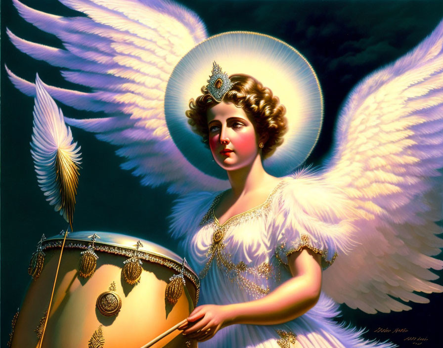 White-winged angel with halo holding golden drum on dark background