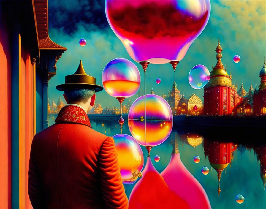 Vintage-clad man gazes at oversized bubbles over serene waterway