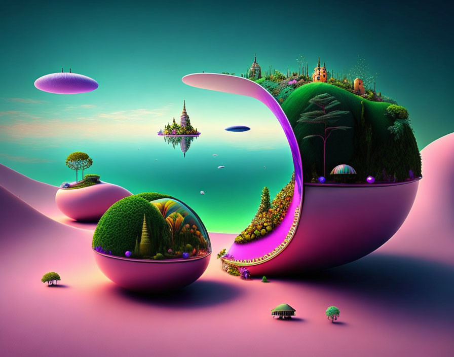 Whimsical landscape with floating islands and futuristic structures