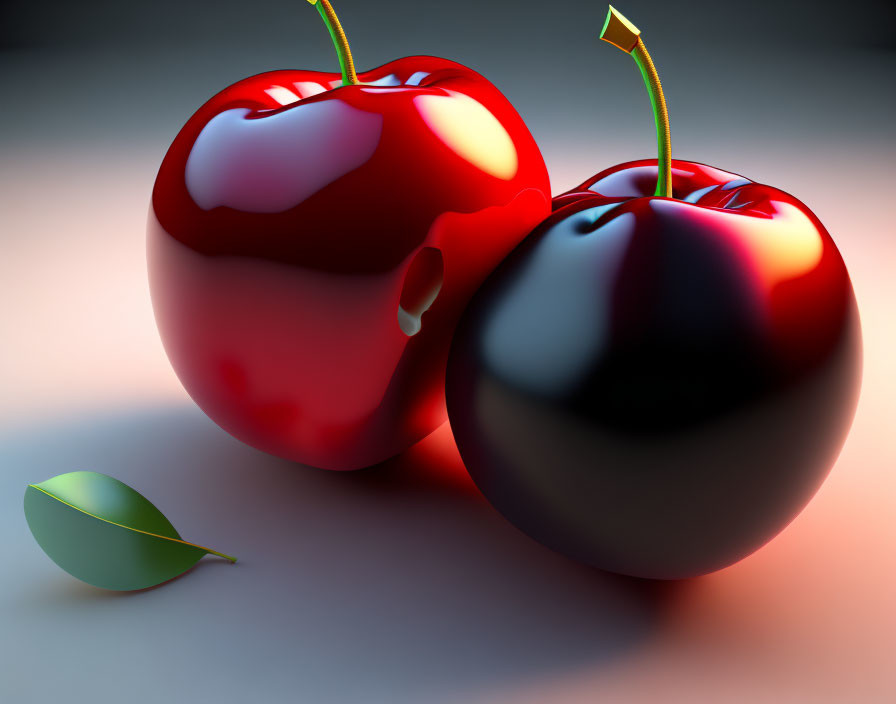 Two glossy cherries, one with a bite, on reflective surface with leaf