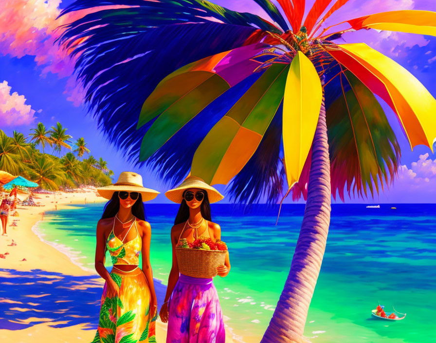 Two women in summer outfits on vibrant, colorful beach with palm tree and blue sky.