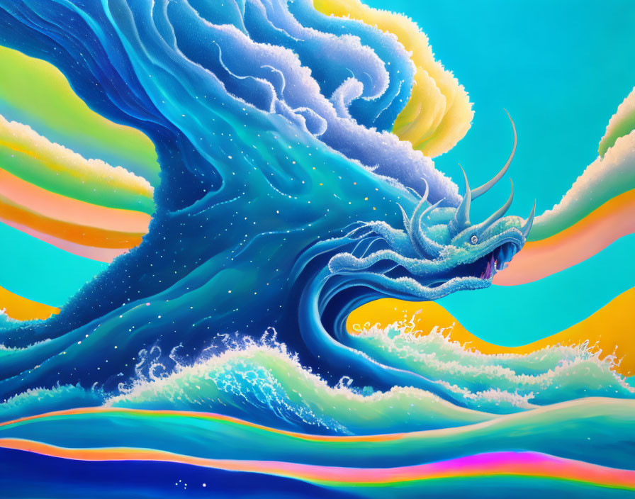 Colorful painting of blue dragon in swirling waves