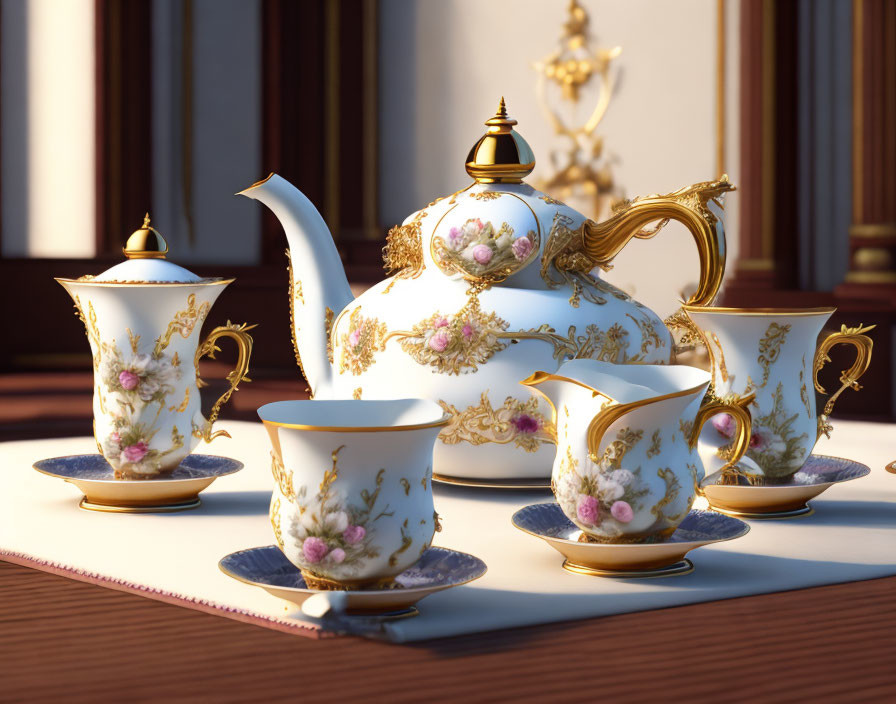 Porcelain tea set with gold trim and floral patterns on wooden table