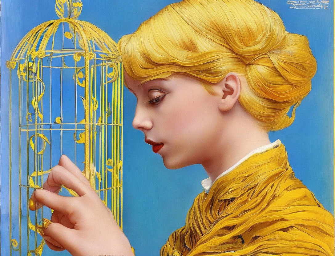 Blonde woman with updo holding golden birdcage on blue background