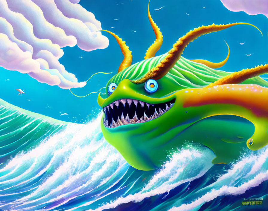 Colorful digital artwork: Fantastical green sea creature leaping from ocean waves