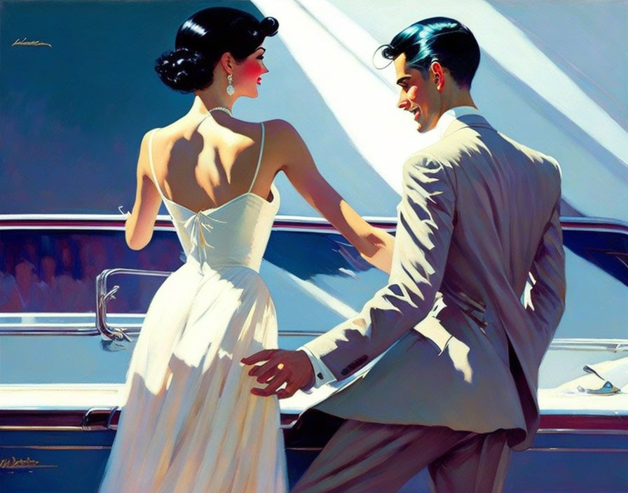 Vintage-style illustration: Elegant couple by classic car in sunlight