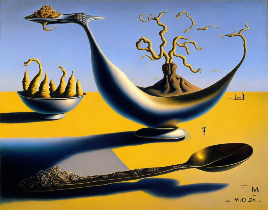 Surreal artwork: Spoons, tree-like structures, figure, desert, blue sky