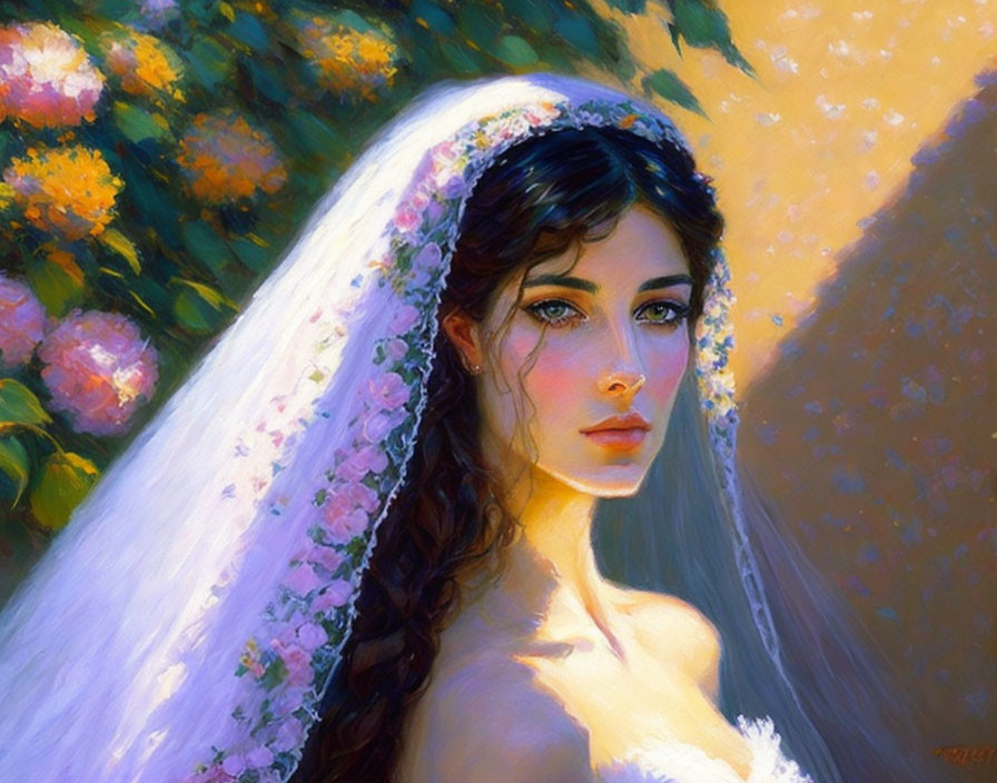 Bride with floral veil in warm, vibrant colors