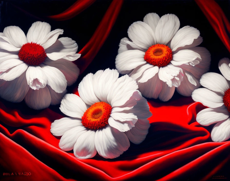 Five white daisy-like flowers with red centers on red satin fabric.