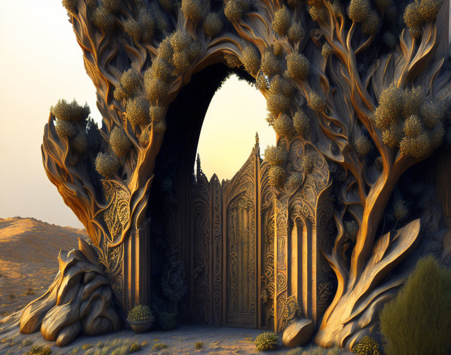 Intricate mystical tree archway frames ornate desert door