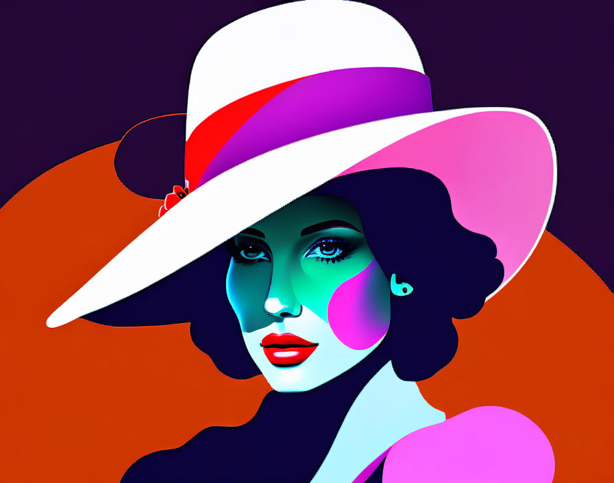 Vivid Stylized Portrait of Woman in Wide-Brimmed Hat