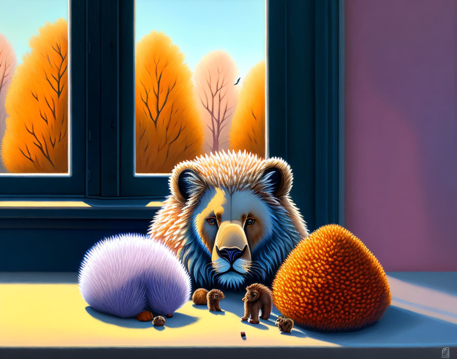 Sad Bear Surrounded by Hedgehog-Like Objects on Windowsill