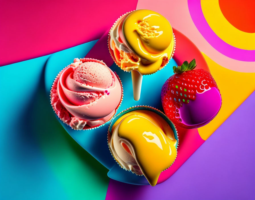 Colorful Cupcakes and Strawberry on Geometric Background