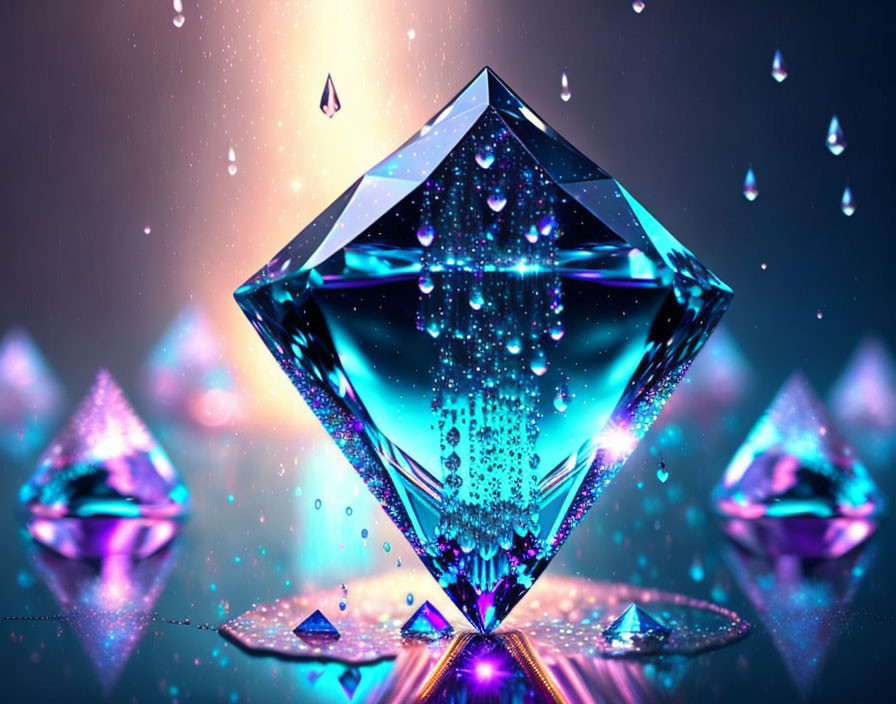 Blue diamond surrounded by smaller diamonds on dark background with droplets