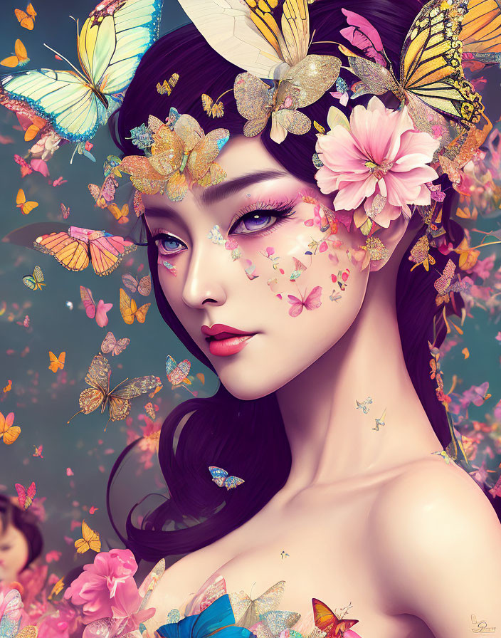 Digital artwork featuring woman with violet eyes, adorned with butterflies and flowers, floral motifs, teal background