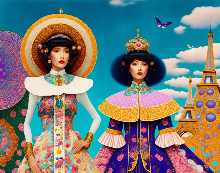 Stylized women in colorful outfits with architectural and floral elements against vibrant sky