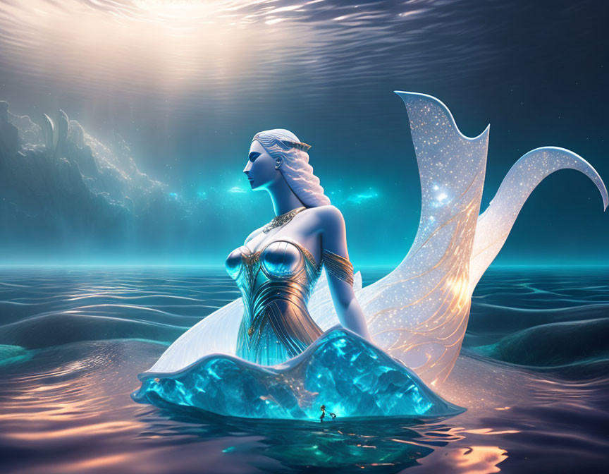 Majestic mermaid with shimmering tail and ornate jewelry emerges from sea