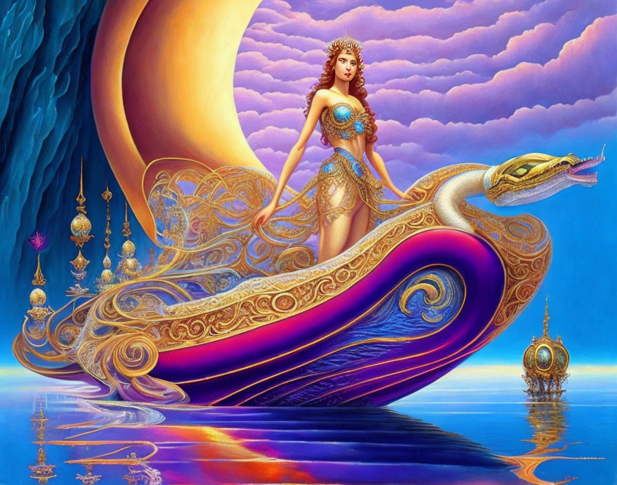 Fantasy scene: Woman on golden boat in tranquil waters under pink clouds